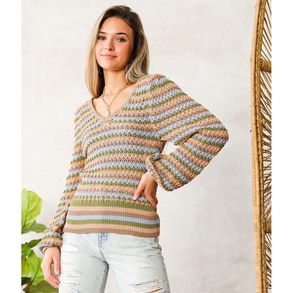 Willow & Root Striped VNeck Crochet Pointelle Sweater‎ Peach Blue Green Medium